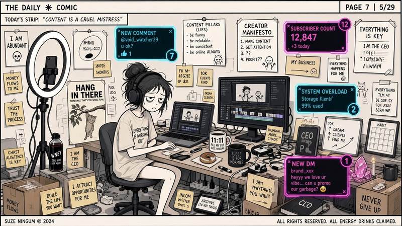 Cluttered creator desk covered in sticky notes, monitors, ring light and notifications