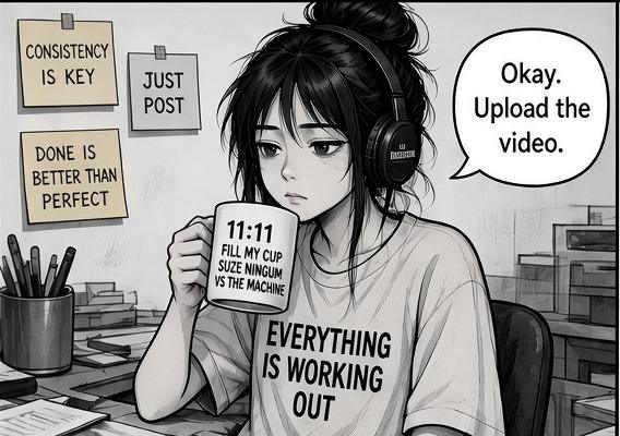 Panel 1: Suze decides to upload the video while drinking from her 11:11 mug