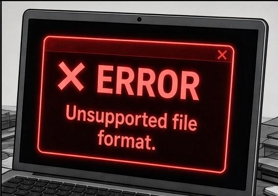 Panel 2: Big red ERROR — Unsupported file format