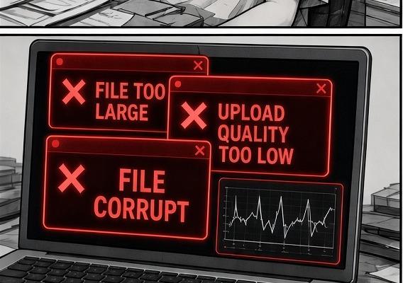 Panel 3: Multiple red errors — File too large, quality too low, corrupt