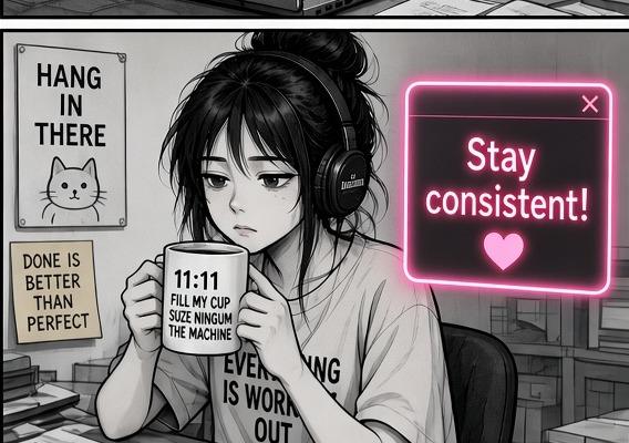 Panel 8: Stay consistent popup while she drinks from the mug