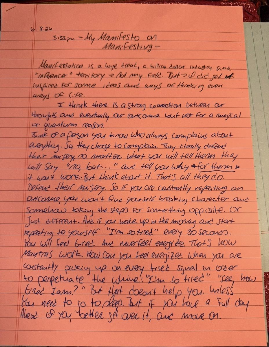 Handwritten original — My Manifesto on Manifesting, page 1, pink notebook, by Maya3ee Rainha, 6 August 2026, 3:35pm