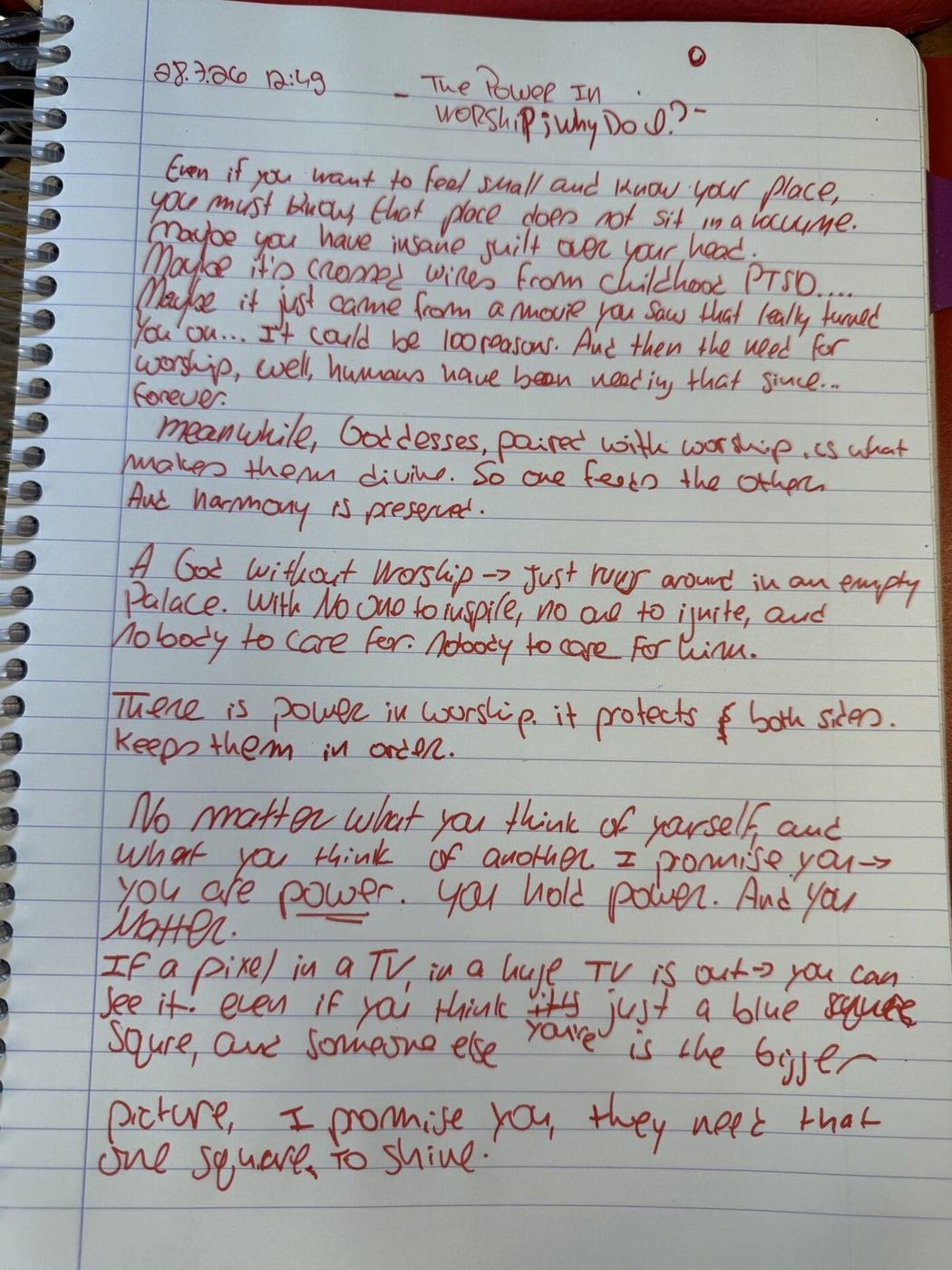 Handwritten original in red pen — The Power in Worship